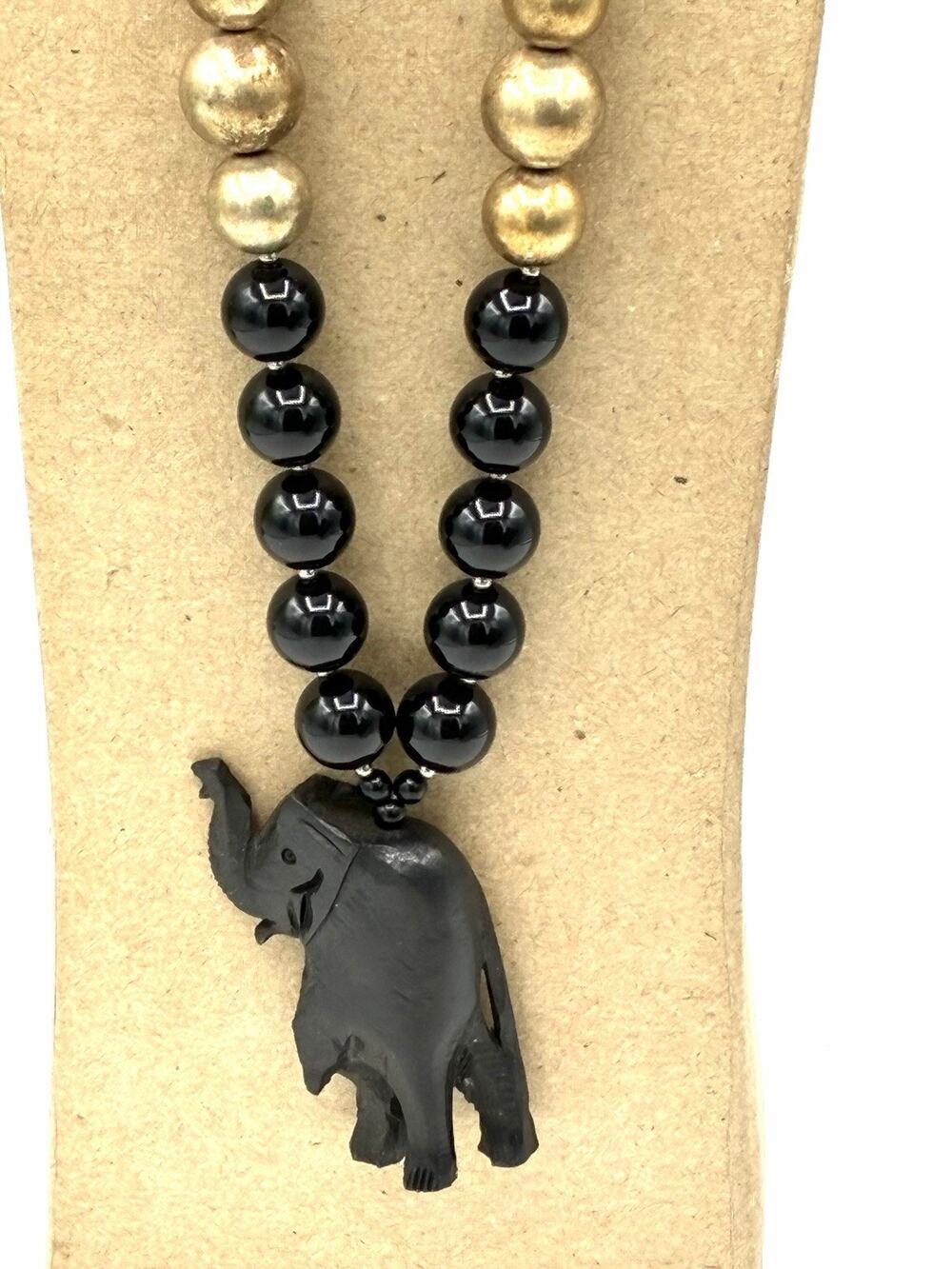 Vintage Black Bead Necklace 25” Carved Wood Elephant Pendant Gold Accent